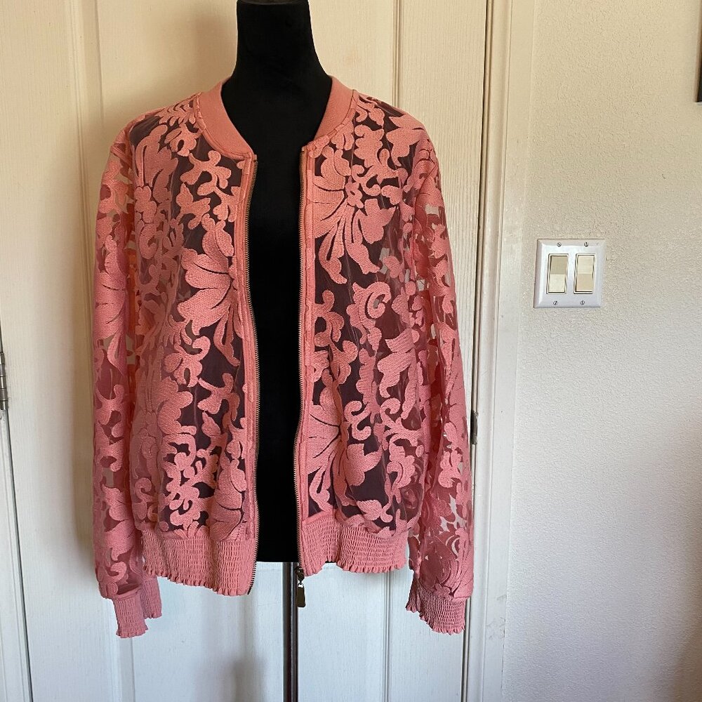 Lane Bryant Peach Pink Sheer Lace Bomber Style Zip Up Jacket